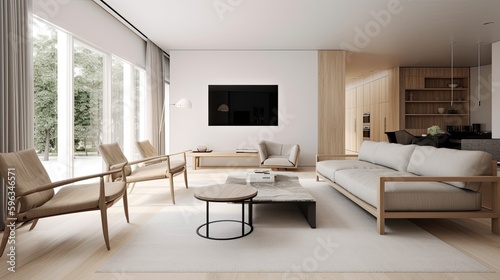  Modern minimalist interior design, featuring clean lines, natural materials, and a neutral color palette, generative ai © 3D Station