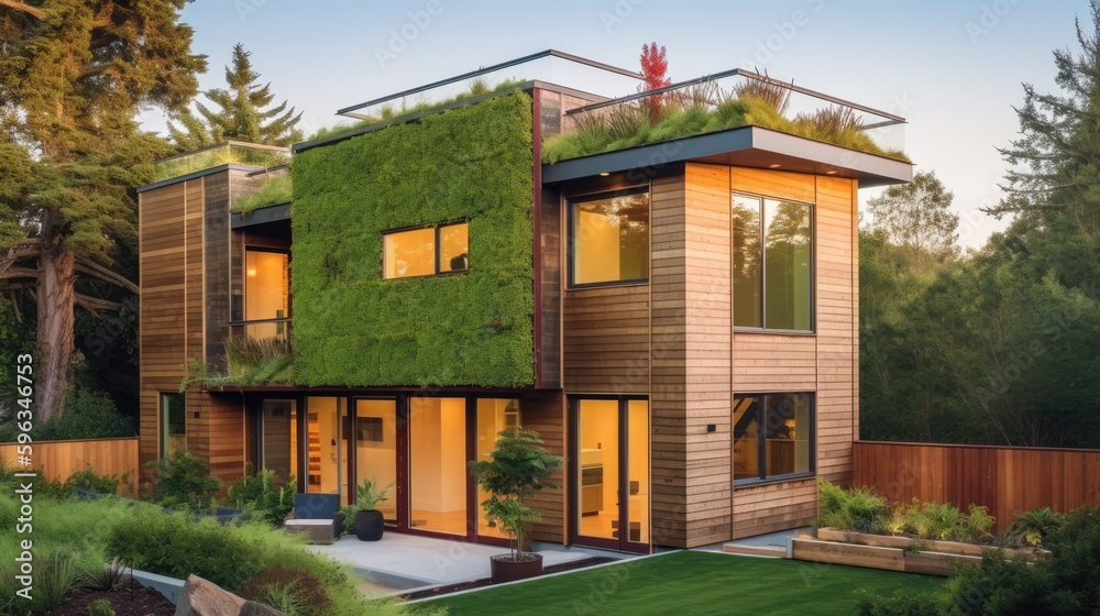  Sustainable eco - friendly home exterior with green living walls, solar panels, and energy - efficient windows, generative ai 