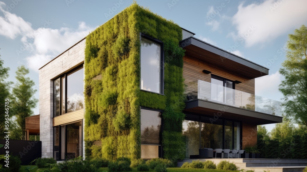  Sustainable eco - friendly home exterior with green living walls, solar panels, and energy - efficient windows, generative ai 