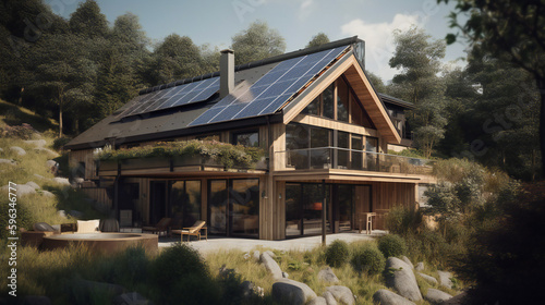 Solar panels on the roof. Glamping in the forest. Renewable energy. Generative AI © Serhii