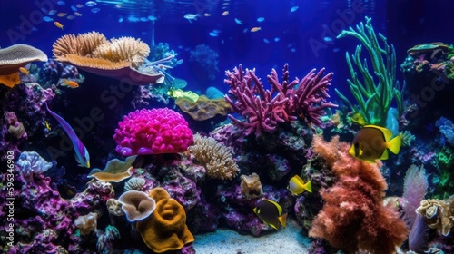  Vibrant and colorful underwater scene at an aquarium, showcasing diverse marine life swimming harmoniously, generative ai