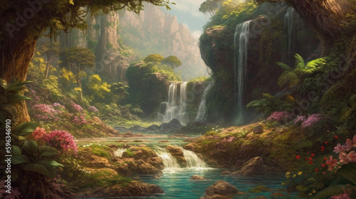 dreamy fantasy waterfalls in deep jungle lush vegetation and flowers   generative ai   water  magical  place  