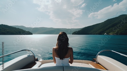  view from behind woman relaxing on a luxury boat, generative ai © 3D Station