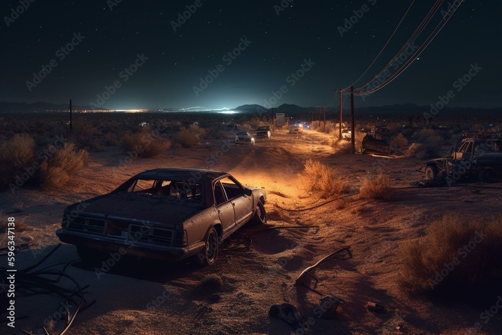 Eerie desert highway at night with abandoned cars and rusty debris. 3D-rendered mystique. Generative AI