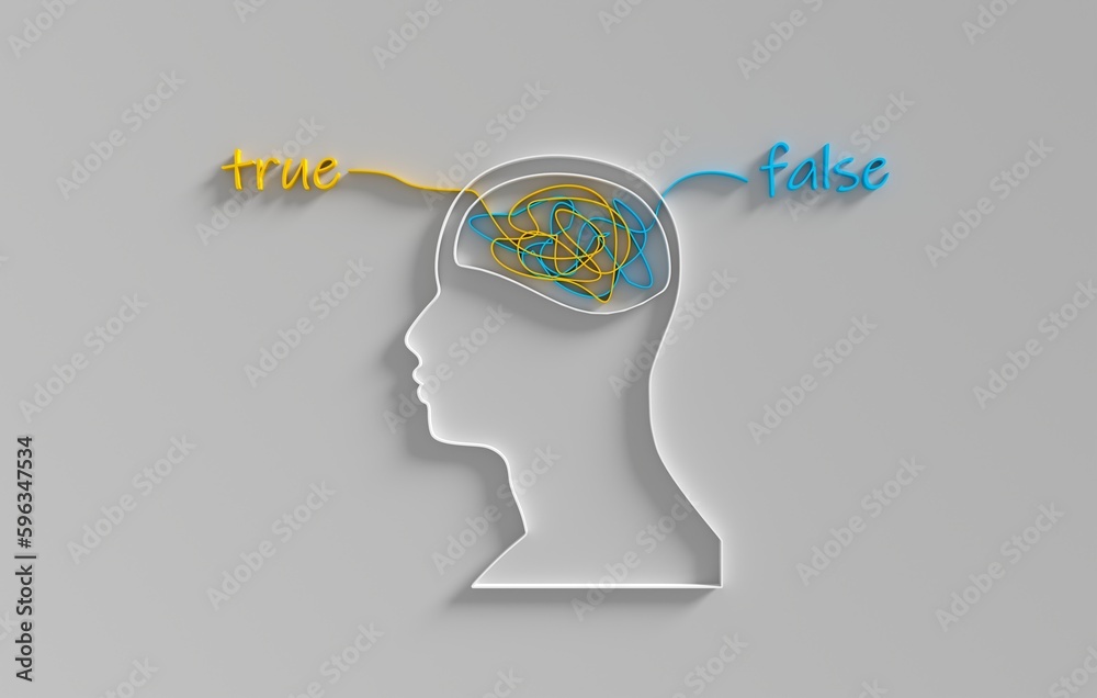 True and false concept. Tangled ball of threads in head. 3D render ...