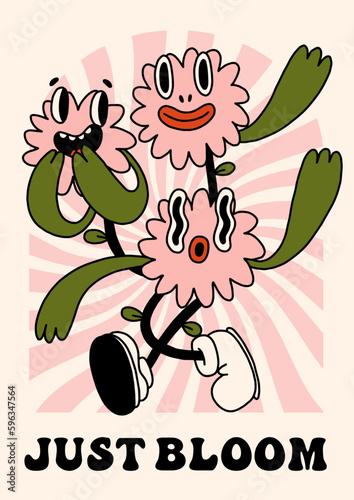 Groovy hippie 70s floral poster. Funny cartoon quirky flower character. Vector card in trendy retro psychedelic cartoon style. Vector background. Just bloom. Good vibes.