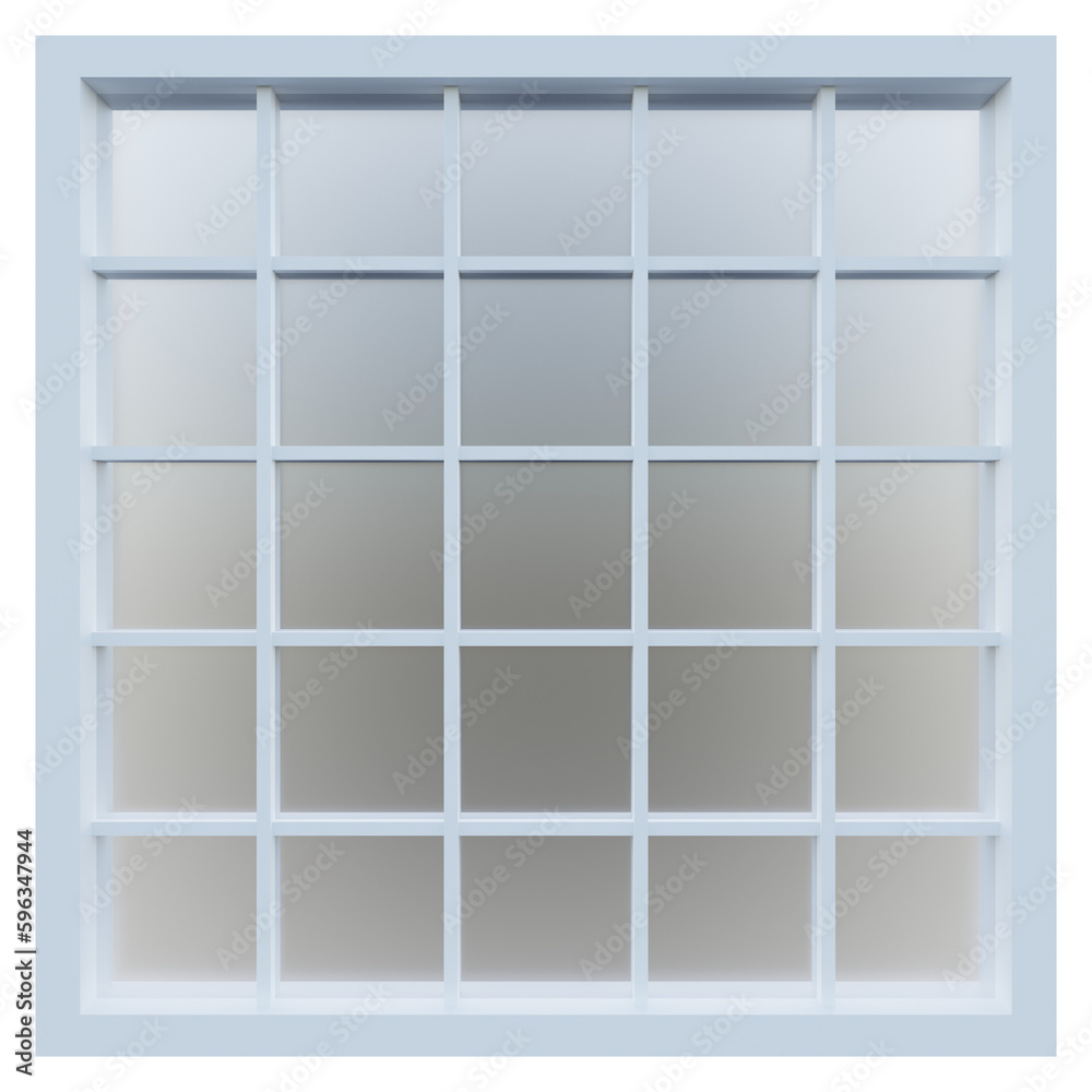 3d illustration of white square grid window frame with glass.