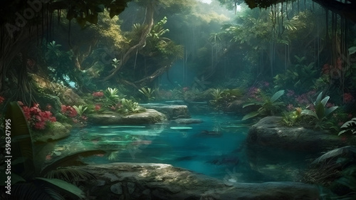 dreamy fantasy lake in deep jungle lush vegetation and flowers , generative ai 