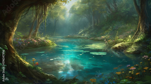dreamy fantasy lake  in deep jungle lush vegetation and flowers , generative ai 