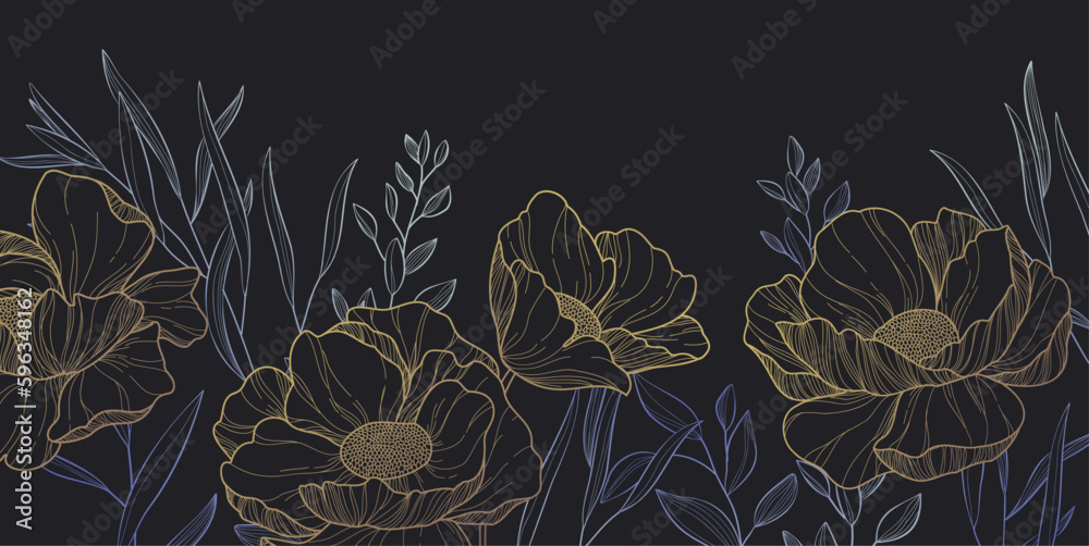 Botanical line bakground with flowers and leaves. Floral foliage for wedding invitation, wall art or card template. Vector illustration. Luxury rustic trendy art Botanical line bakground with flowers and leaves. Floral foliage for wedding invitation, wall art or card template. Vector illustration. Luxury rustic trendy art