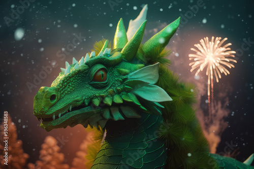 Happy green dragon head on the background of fireworks and fire lights. The symbol of 2024. New Year, Christmas, holiday. Postcard. AI Generative