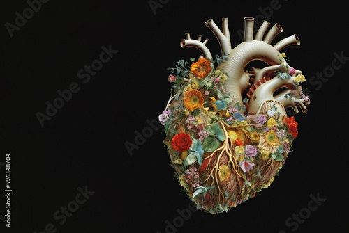 Human heart with flowers, concept of health, love, care kindness, help and charity, generative ai