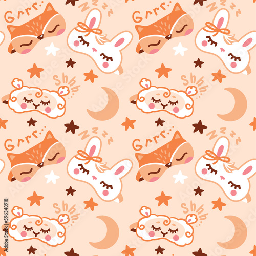 Sleep mask in the form of cute animal faces, sheep, rabbit and fox. Seamless pattern. Vector.