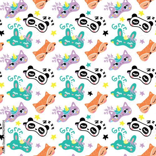 Sleep mask in the form of cute animal faces, fox, rabbit and unicorn. Seamless pattern. Vector. © Ekaterina