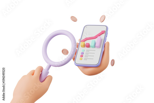 3D Magnifying search data for investment, Cartoon hand holding smartphone using crypto trading graph symbol, investment stock market, 3D rendering illustration