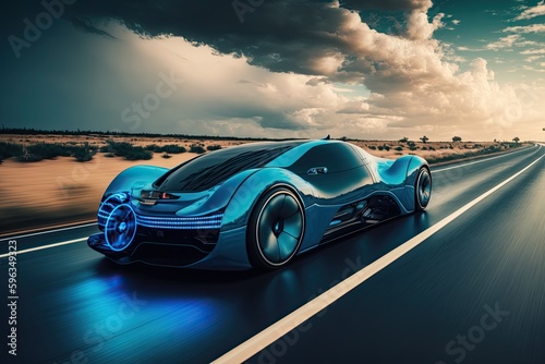 Futuristic car. Smart digital city concept. Business technology. Generative AI © Marharyta