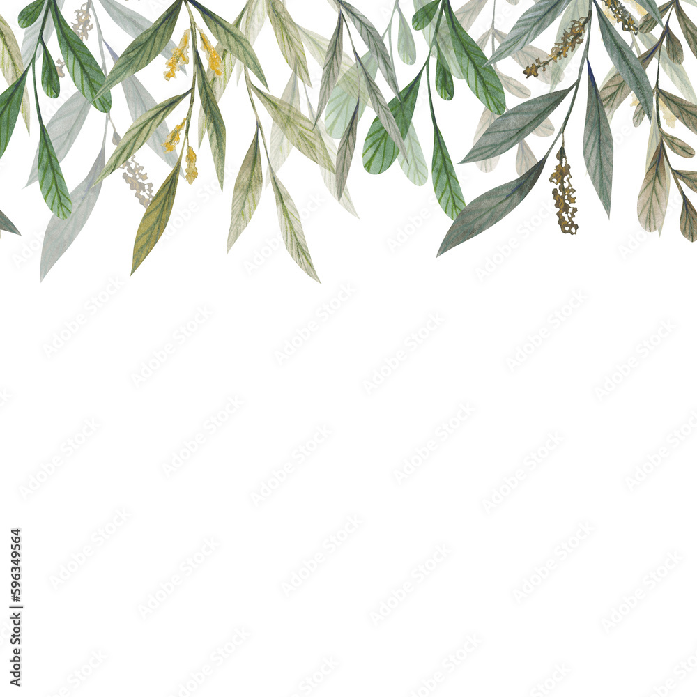 Greenery border isolated on white background. Wallpaper with herb and bushes branches with leaves in watercolor stylization. Hand drawn watercolor clipart