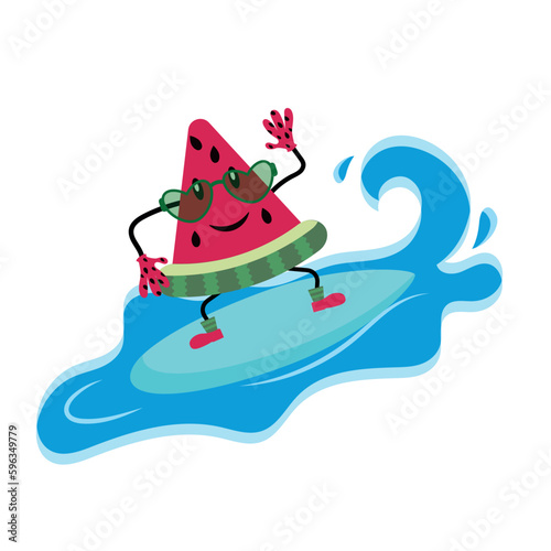 Funny surfer watermelon slice rides on waves. Summer illustration in cartoon style. Vector