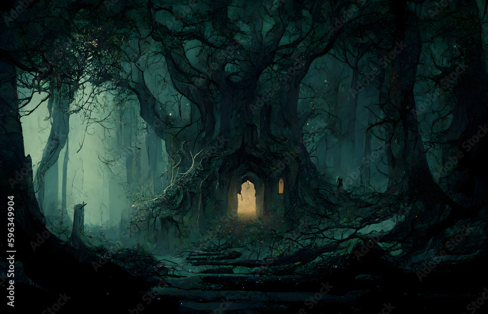 Enchanted forest, Mystic Forest, Dark Woods, Trees at night, unreal, sci-fi, fairies