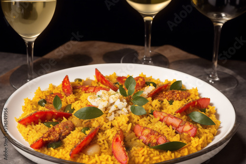 Paella  traditional spanish dish made with rice  Chicken and vegetables  served in a pan. Paella with seafood. Spanish cuisine. Generative AI
