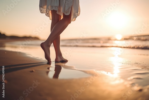 Famale bare feet walk along beach at sunset. Generative AI photo