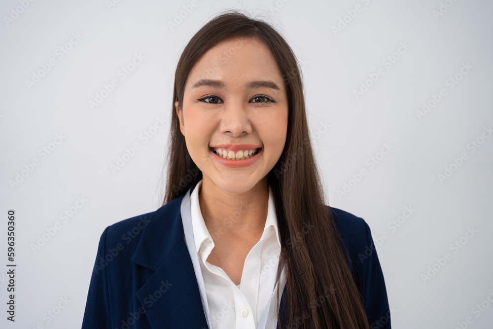 Portrait of smart and happy young thoughtful Asian business women think for new ideas on isolated white background. Concept of advertising marketing and product placement. Portrait of smart and happy young thoughtful Asian business women think for new ideas on isolated white background. Concept of advertising marketing and product placement.