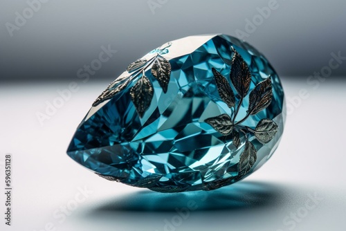 Side view of a large, ornate, blue diamond on a white background. Generative AI