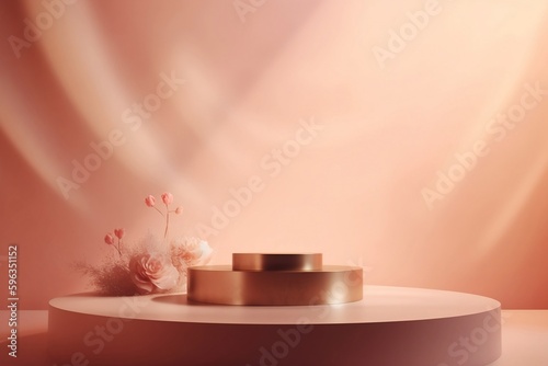 3d illustration. golden podium. background with sunlight and flowers. cosmetic product presentation and display stand. generative ai