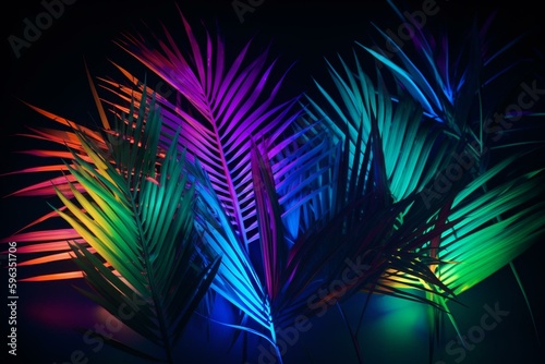 Vague neon palm leaf silhouettes backdrop. Generative AI