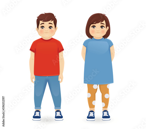 Sad fat little boy and girl standing together. Kids with unhealthy weight isolated on white background vector illustration