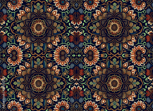 Wallpaper of floral shapes random for decorative rapport. pattern of flowers mandalas and leaves on a black background for tapestries prints. Generative AI