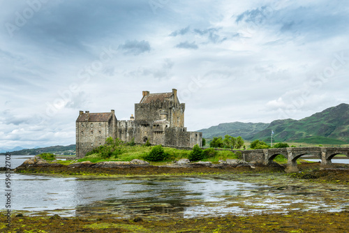 Eilean Donan castle at low tide in North West Highlands  Scotland  UK.