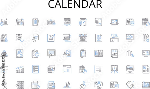 Calendar line icons collection. Meetings, Communication, Paperwork, Faxing, Emails, Desk, Photocopying vector and linear illustration. Computer,Breaks,Coffee outline signs set Generative AI