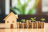 Property investment, loan, buy new home and saving money for real estate concepts. Plant sprouts in a stack of coins and wooden small house model. Sustainable financial goal and growth. Generative AI.