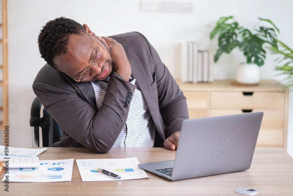 Concept Burnout Syndrome. African American businessman feels uncomfortable working, which is caused by stress, accumulated from unsuccessful work And less rest body. Consult a specialist psychiatrist. Concept Burnout Syndrome. African American businessman feels uncomfortable working, which is caused by stress, accumulated from unsuccessful work And less rest body. Consult a specialist psychiatrist.