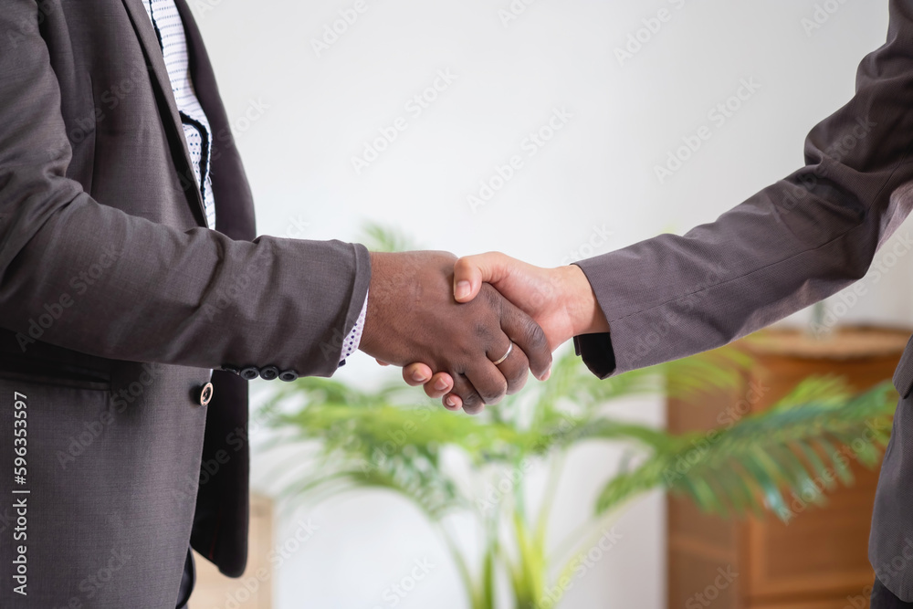 Satisfied black client shaking hands, thanking the manager for good financial deal African American businessmen shaking hands after successful business negotiations. Hiring. Buying services.