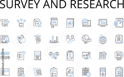 Survey and research line icons collection. Census, Sampling, Investigation, Query, Scrutiny, Inquiry, Analysis vector and linear illustration. Examination,Study,Polling outline signs set Generative AI