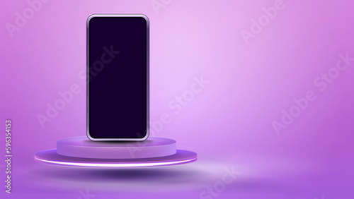 Smartphone on realistic 3d pink cylinder pedestal podium on pastel pink background.