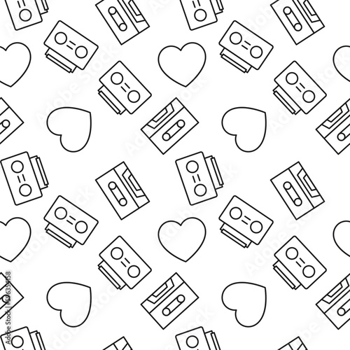 Cassette, Heart, Tape Record Seamless Vector Pattern