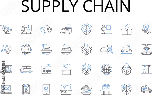 Supply chain line icons collection. Value stream, Logistics nerk, Manufacturing flow, Distribution channel, Product pipeline, Operations pipeline, Resource pipeline vector and linear Generative AI