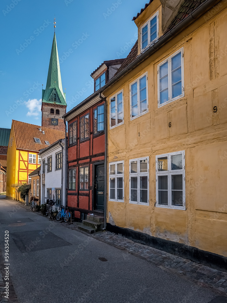 Church street with medieval houses in Helsingor Denmark
