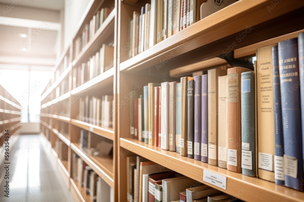 Library interior, books on shelves close up. School wooden bookcase. Generative AI Library interior, books on shelves close up. School wooden bookcase. Generative AI