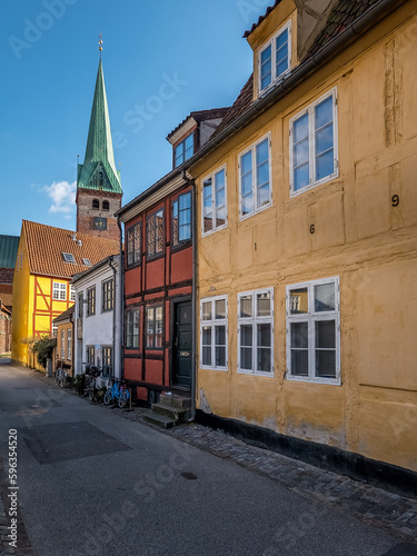 Church street with medieval houses in Helsingor Denmark