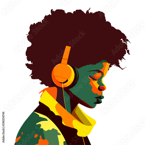 Afro boy listening to music through headphones