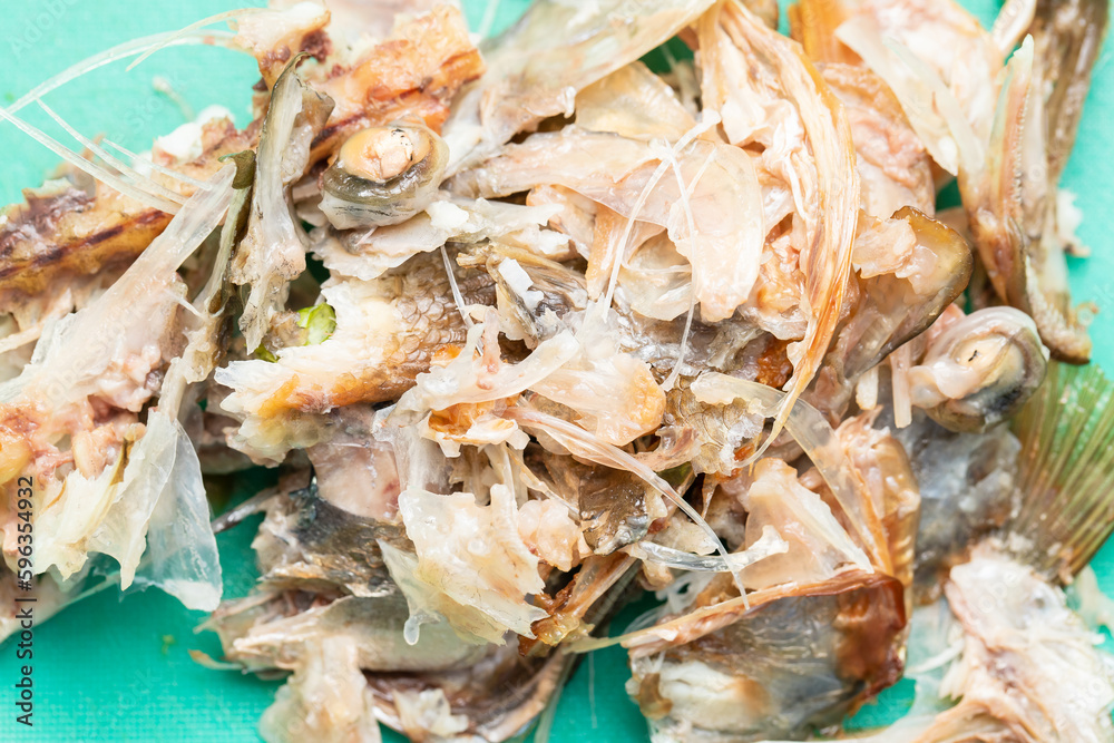 Bones and fish heads on green plastic board Bones and fish heads on green plastic board