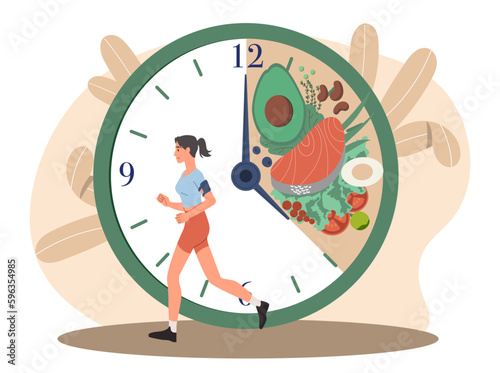Fast metabolism concept. Woman next to clock with natural products. Vegetarian diet and health care, proper nutrition. Balance of proteins, fats and carbohydrates. Cartoon flat vector illustration