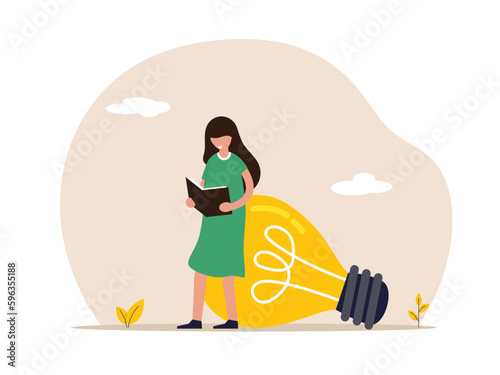 Education to develop new skills concept. Learn or study more knowledge to grow and success, growth mindset or lifelong learning. girl reads a book next to a light bulb of ideas. Isolated vector.