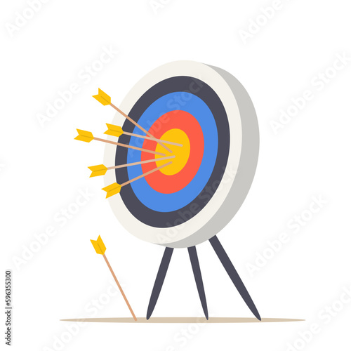 Target with arrow. Concept of multiple hitting the target. Accurate achievement of success and the task at hand. Sports equipment for archery. Isolated flat vector illustration.