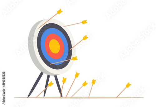 Many arrows missed hitting target mark. Shot miss. Business challenge failure metaphor. Multiple unsuccessful attempts to hit an archery target. Isolated flat vector illustration.