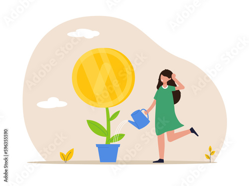 Financial or investment growth concept. Businesswoman investor finish watering growing money plant seedling with coin flower. Increase earning profit and capital gain, success in wealth management.